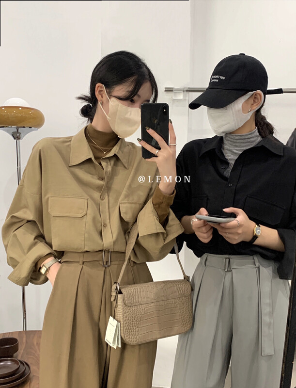 [Lemon Green Tea] Design Long Sleeve Loose Pocket Shirt 2377