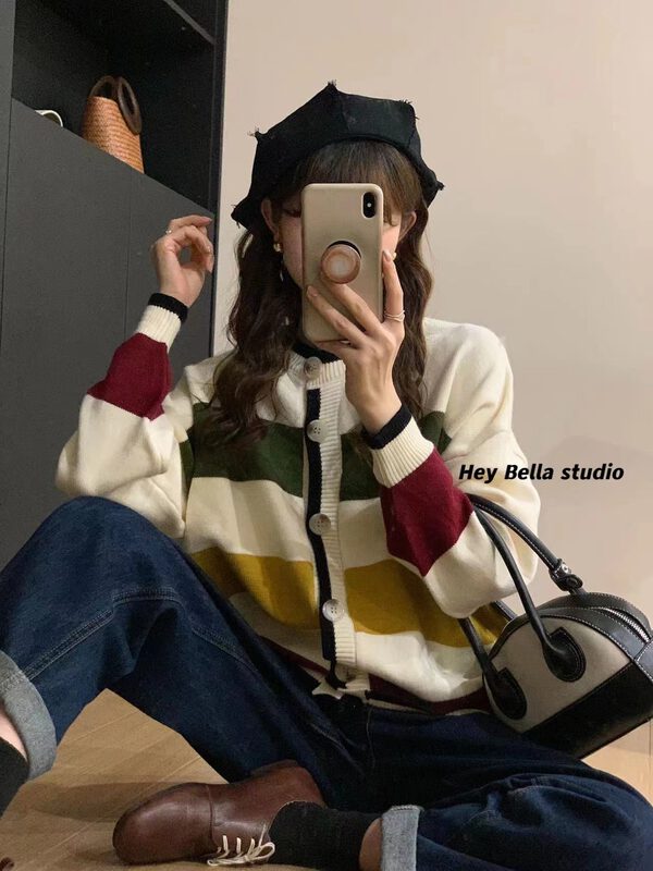 New in autumn! [HEY BELLA] round neck single-breasted loose striped vest B9298# L
