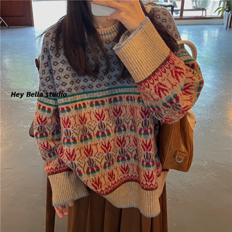 【HEY BELLA】Korean version of retro jacquard warm sweater 9552# L
