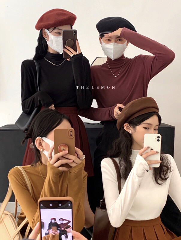 [Lemon Green Tea] Korean version of the elastic self-cultivation stand-up collar all-match bottoming long-sleeved T-shirt 2393