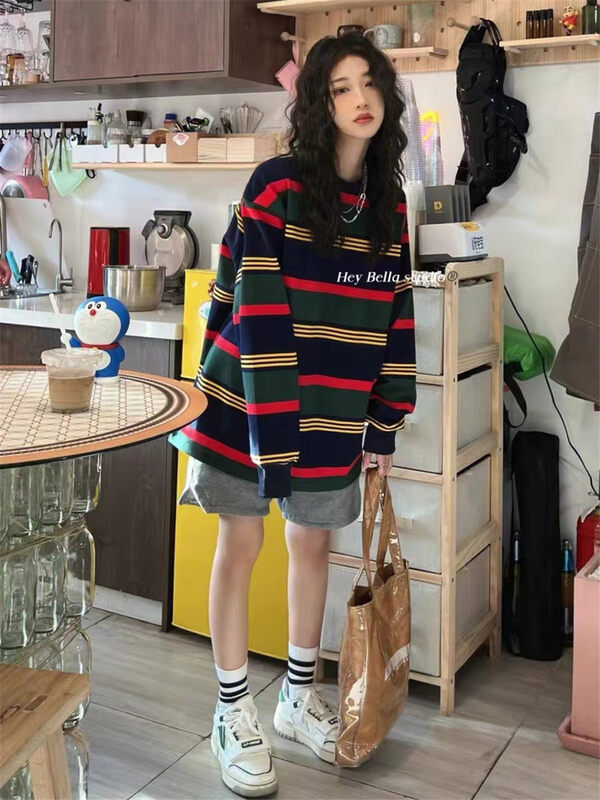 New in winter! [HEY BELLA] round neck retro striped comfortable warm sweater B9587# L