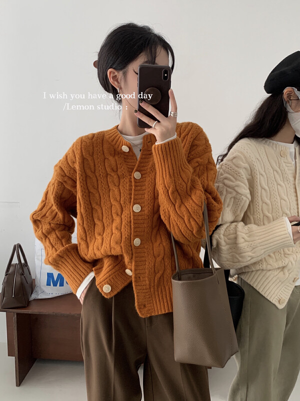 [Lemon Green Tea] Gentle Retro Twist Jacket Sweater Thickened Heavy Industry 00-223