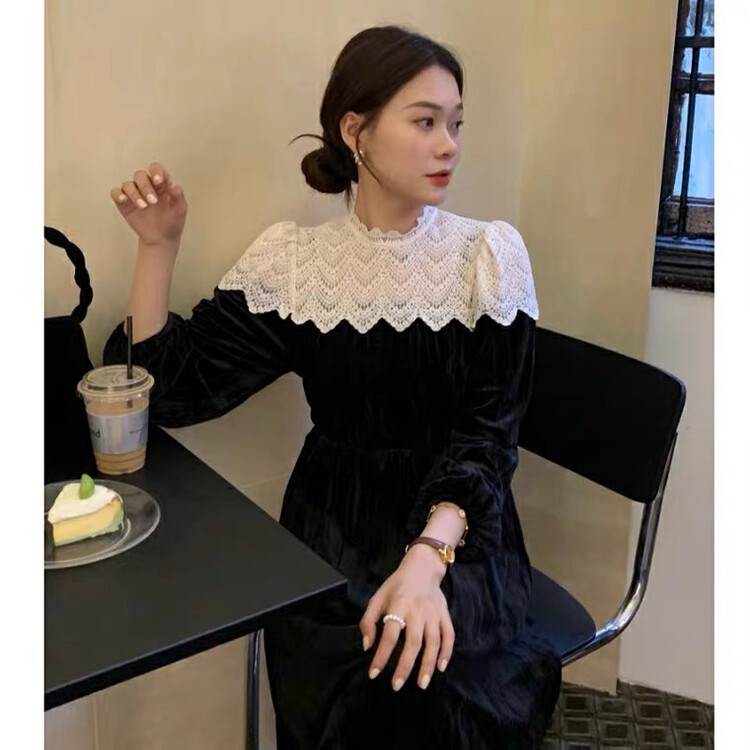 【L.L STUDIO】French Lace Stand Collar Lace Crochet Patchwork Dress 78161# PCZ