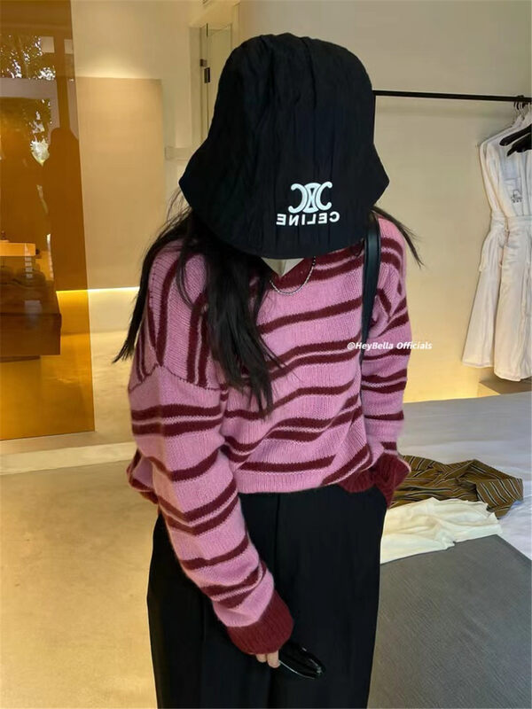 New in winter! [HEY BELLA] Korean striped loose and comfortable pullover warm sweater B9622# L