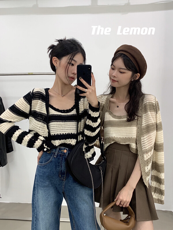 [Lemon Green Tea] New V-neck knitted cardigan suit in early autumn with simple suspenders 2362
