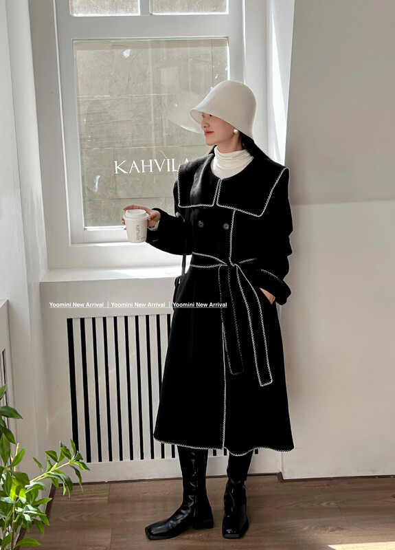 New in winter! [YOOMINI] Casual Double Breasted Colorblock Loose Coat (with Belt) Q12096-S# WPL