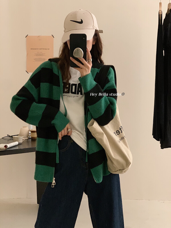 New in autumn!【HEY BELLA】 Thick hooded striped warm sweater 9346# L