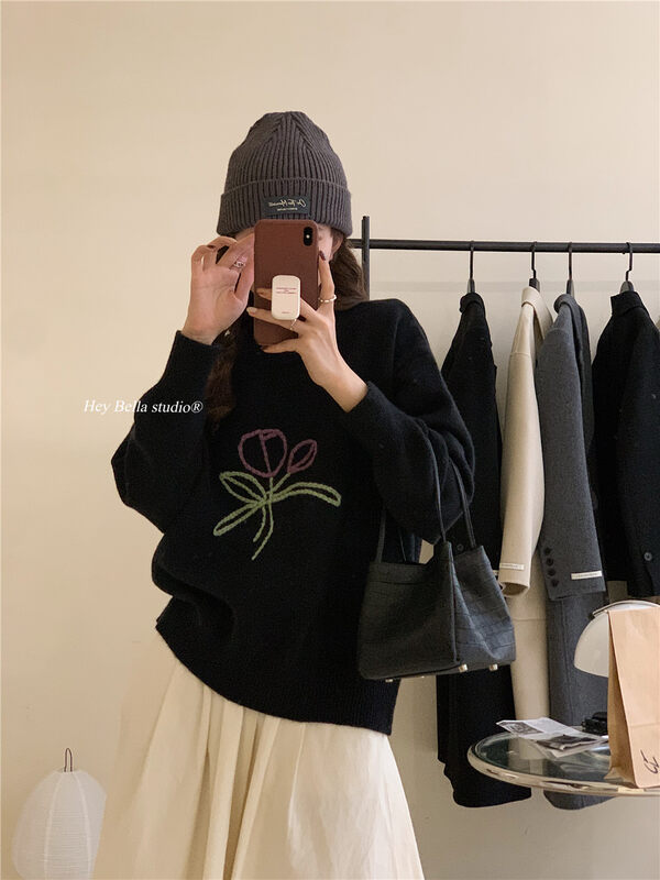 【HEY BELLA】Round Neck Pullover Loose Embroidered Warm Sweater B9665# L
