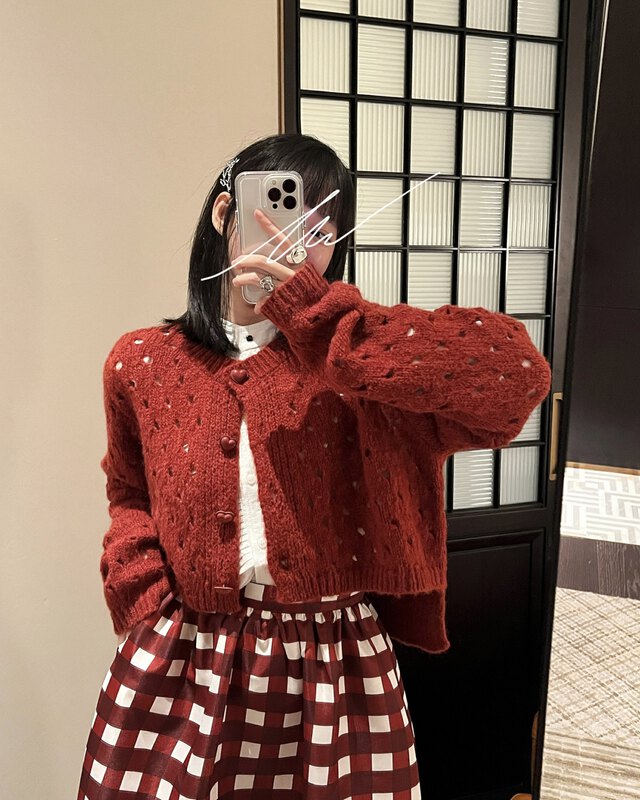 【UNITY】Winter new wool sweater tops women's heart button hollow knitted cardigan F281028# CQW