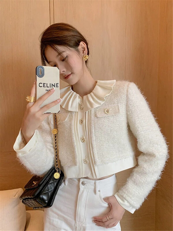 New for winter!  【LINNA】French retro lady style pleated round neck short coat (without brooch) 124822# JJ