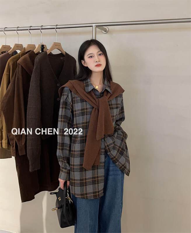 【MISS ZI】2022 autumn Korean plaid shawl brushed shirt (with shawl) 3073# CQW