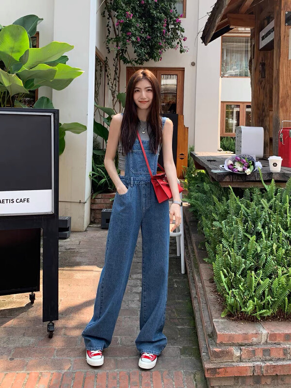 New in early autumn! [BY] Denim Korean version loose straight-leg mopping wide-leg overalls 6141# CL