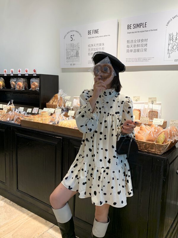 【TS】Early autumn French temperament small loose half turtleneck polka dot dress (akskylan) Q37002# CQW