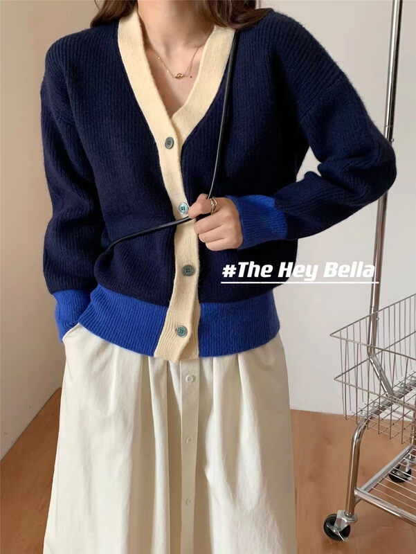 New in winter! [HEY BELLA] V-neck contrast color single-breasted knitted cardigan H1661# L