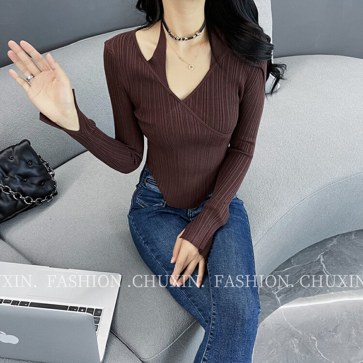 New in winter! [C.X original heart] Spice girl V-neck halter arc hem sweater Z621# WTT