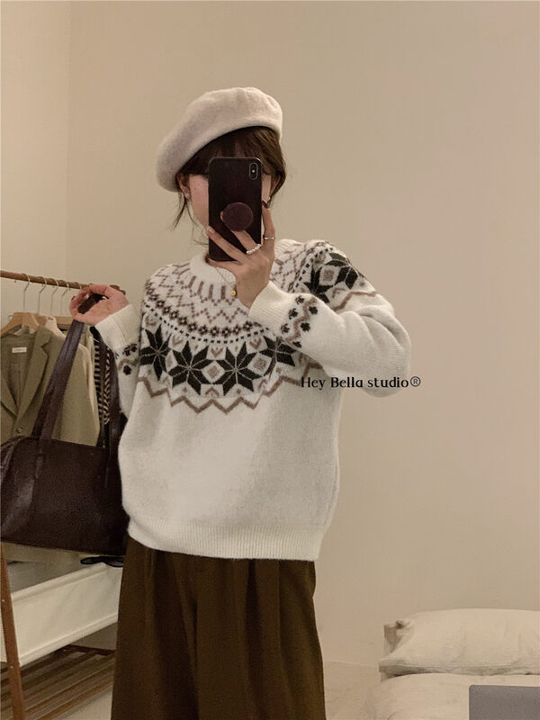 New in winter! [HEY BELLA] Retro pullover colorblock warm sweater B9562# L