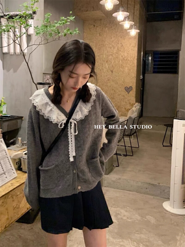 New in autumn!【HEY BELLA】Lace single-breasted knitted cardigan B1926# L
