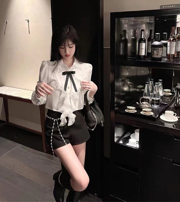 【LINNA】Solid color texture lace shirt (bow can not be removed) L6967# JJ