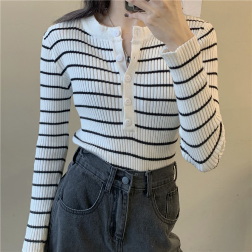 Korean style striped button knitted sweater women's bottoming outer wear slim slim knitted sweater