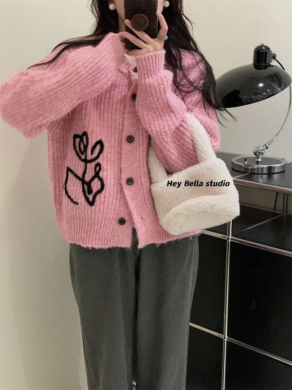 New in autumn! [HEY BELLA] round neck single-breasted color-blocking comfortable warm sweater B9526# L