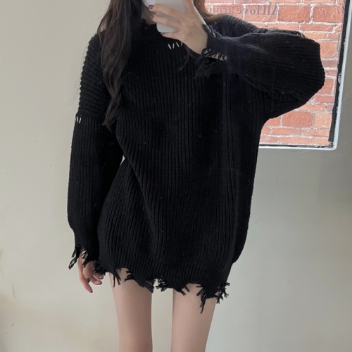 Real shooting real price fat mm lazy style sweet and cool design sense hole sweater