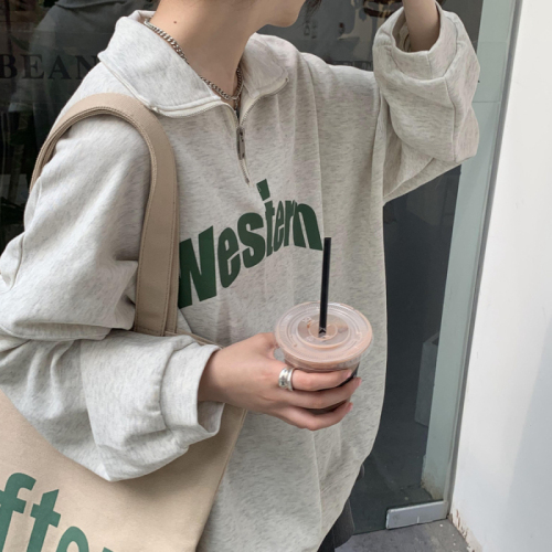 2022 spring and autumn light gray sweater coat women's lapel pullover loose oversize printing half zipper top clothes
