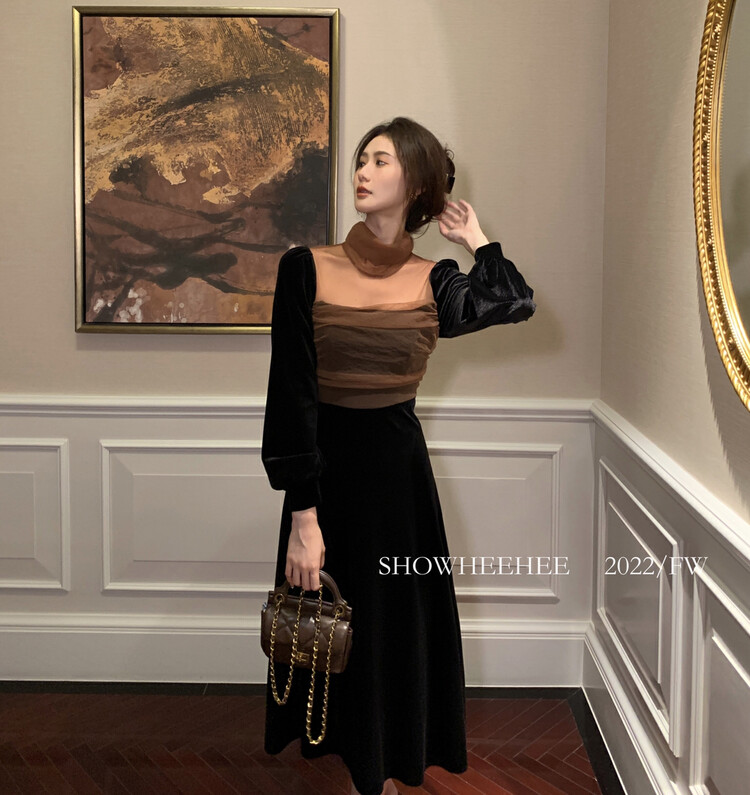 Autumn is new! [Xiu Xixi] French high-end sense and soft yarn chic hollowed-out semi-high collar temperament velvet dress 8182# JHY