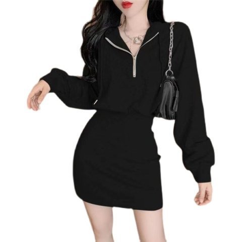 Hooded sweater wrap hip skirt  autumn new style waist and thin bottoming all-match Korean dress