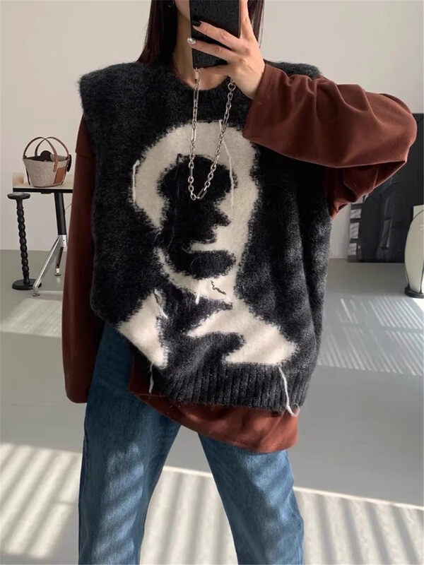 New for winter!  【TAN】Niche design jacquard round neck pullover knitted vest t3699# JJ