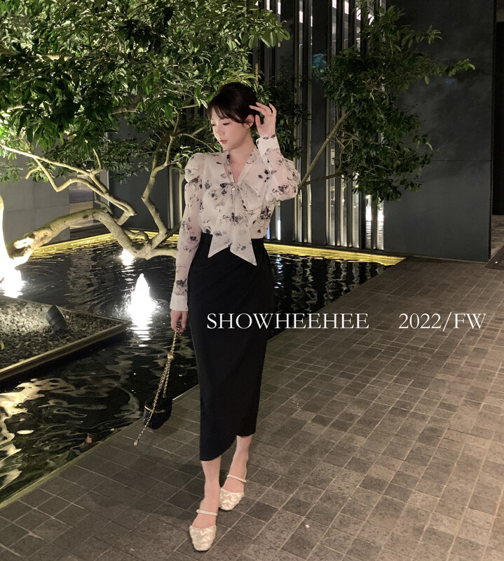 New in autumn! [Xiu Xixi] National style high-end ink print lace-up bow shirt YS1-9201# JHY