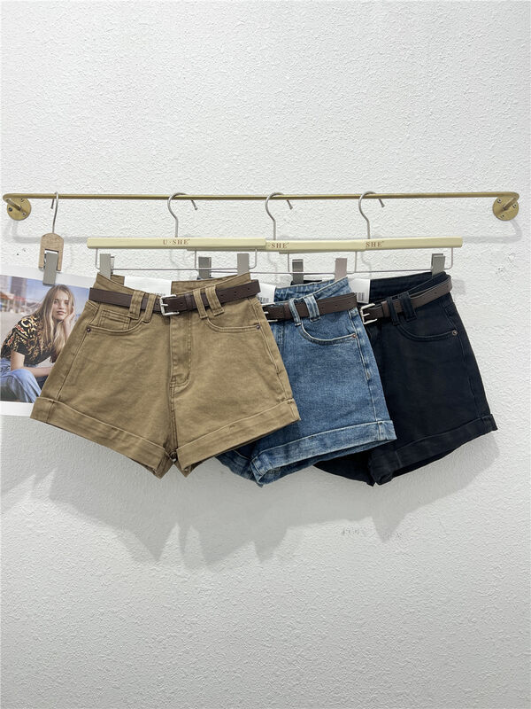 New in early autumn! [U.SHE] Simple and thin solid color denim shorts (with belt) 32371# JJ