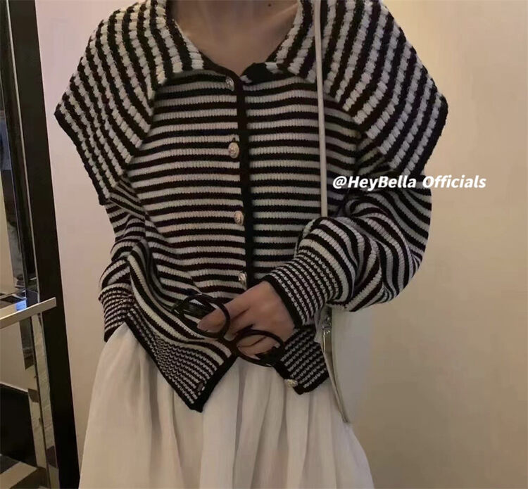 New in autumn!【HEY BELLA】Single-breasted striped loose and comfortable warm sweater B9305# L