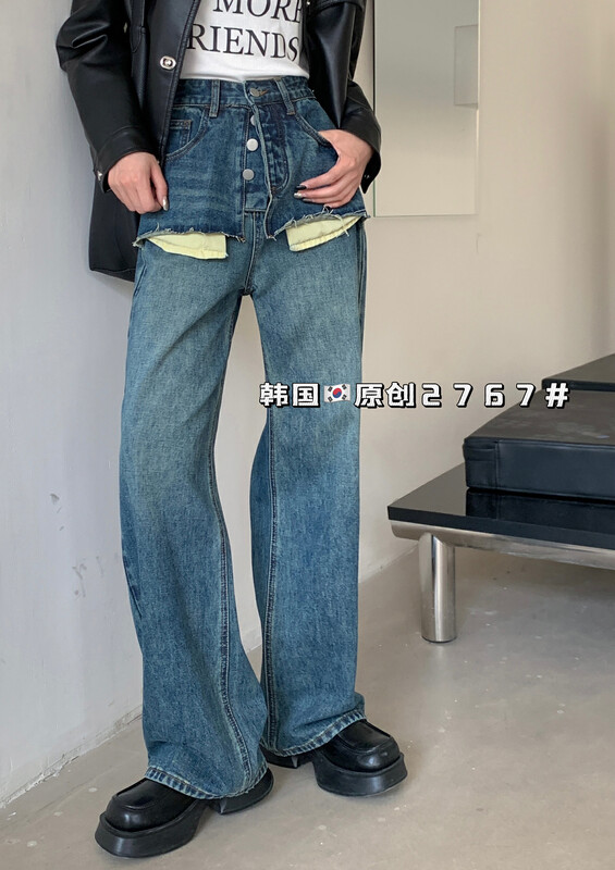 [Korean original] Front piece stitching designer large-leg pants jeans 2767