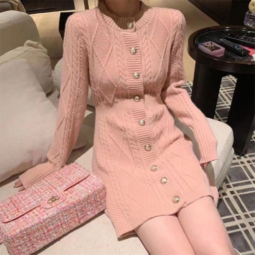 Korean style round neck button twist slim fit women's slim knitted dress
