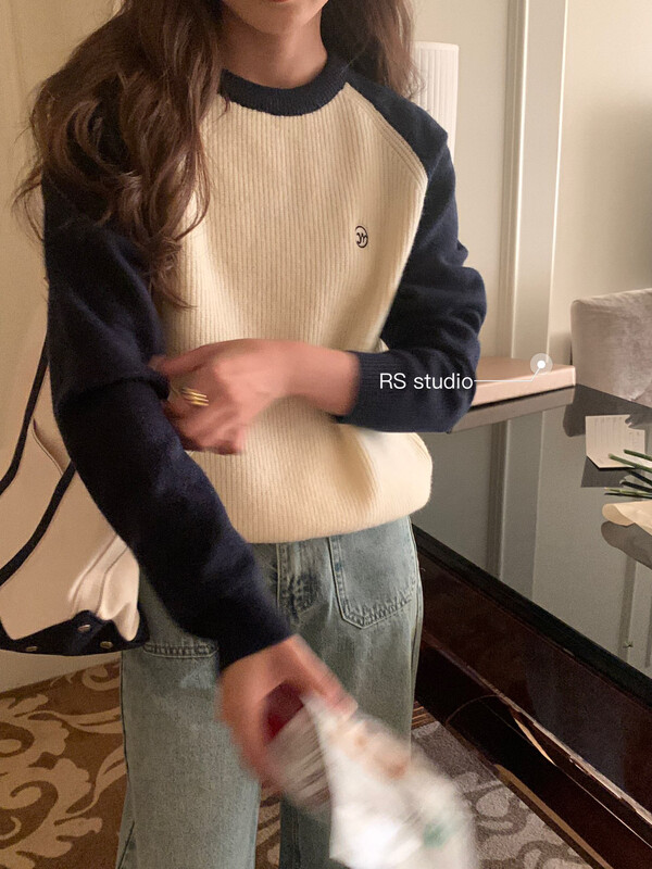 New in autumn! [RS] Minimalist style color-block crew neck warm sweater M2388# FHX