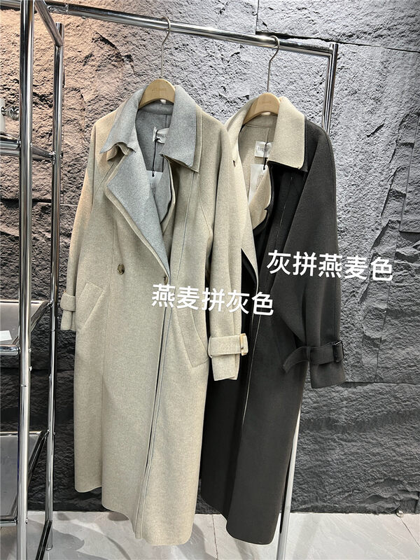 New in winter! [Semi-plain] fake two-piece double-breasted woolen coat with large lapel (with belt) U5138# ZJY