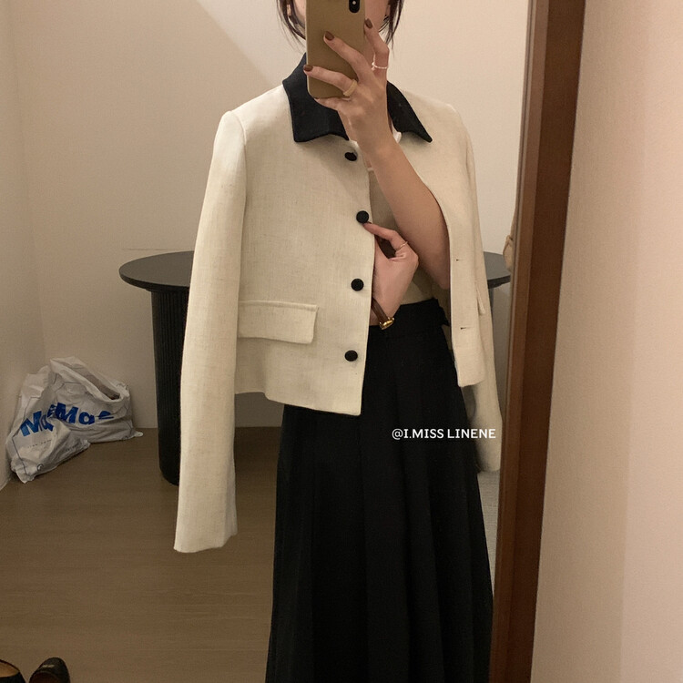 【IMISS】French Lapel Contrast Color Small Fragrance Coat Short Coat QK7117