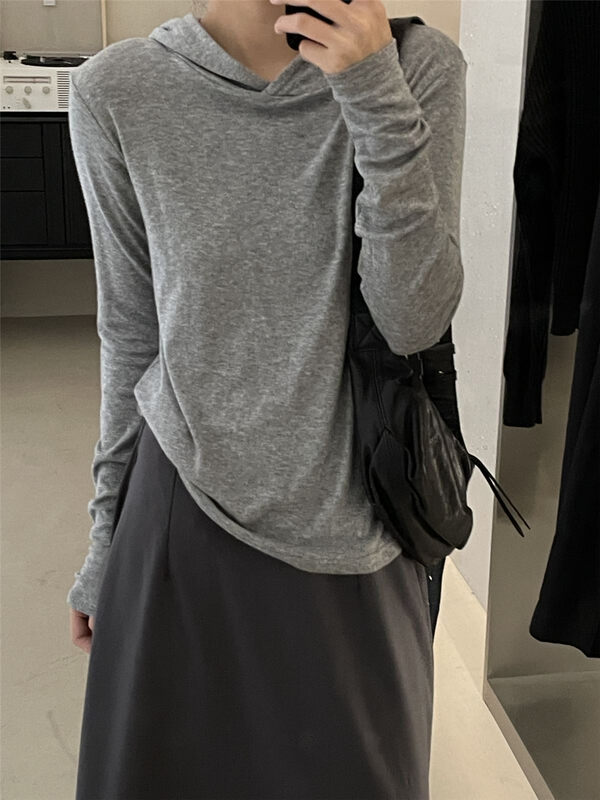 New in autumn! Tencel + wool [CLEAN SPACE] simple solid color casual hooded bottoming long-sleeved T-shirt 27800# CQW