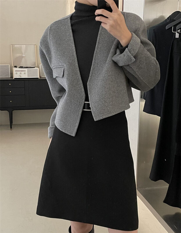 [CLEAN SPACE] Textured label design short wool coat with 100% wool 33517