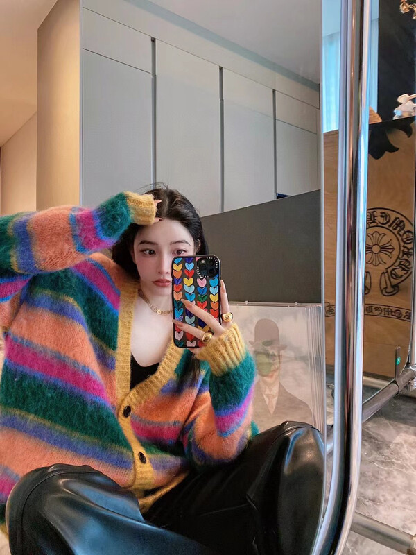 【NANCY】Contrast color striped furry loose knitted cardigan M3616# WPL