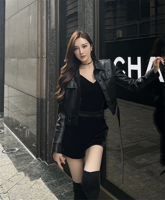 [TAN] Textured high-quality short leather jacket (with belt) C3213# JJ