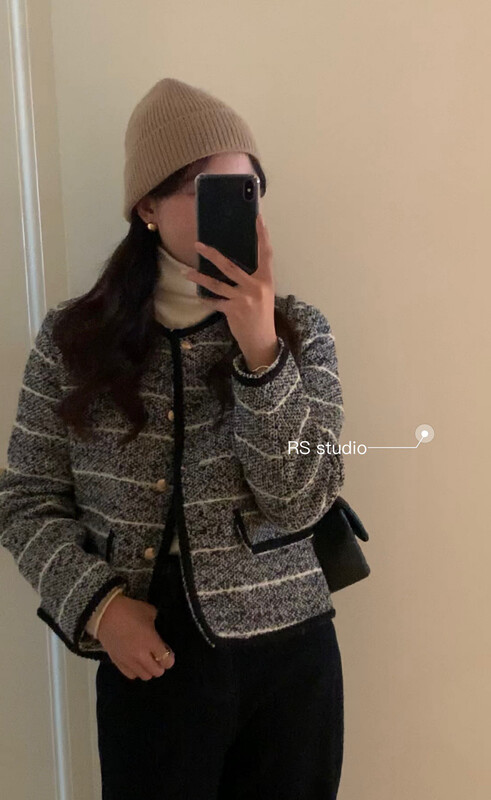 【RS】Xiaoxiangfeng contrast color striped woven short coat (including 65% wool) LL0236# FHX