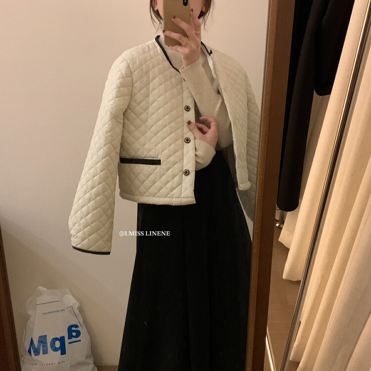【IMISS】French temperament contrasting color small fragrant cotton coat coat QK8125
