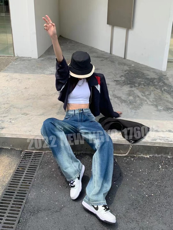 [Korean original] Early autumn gradient design leather label wide-leg pants jeans QD1760# FHX