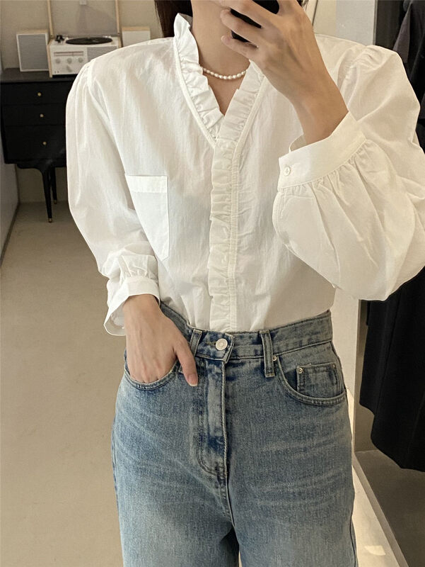 Autumn is new! [CLEAN SPACE] solid color fungus edge single-pocket shirt 33082# CQW