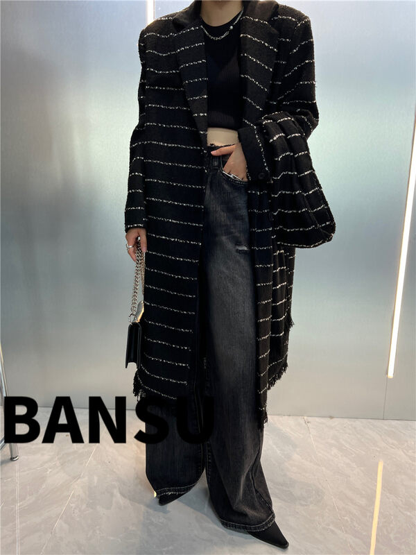 [Semi-plain] striped long all-match temperament coat (with scarf) (only for coats) A867# ZJY
