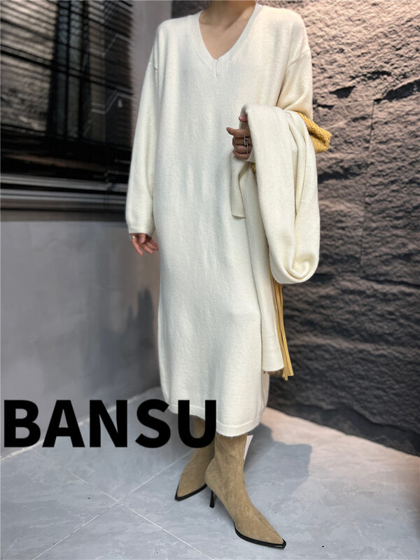 [Semi-plain] V-neck slim knitted all-match dress (with scarf) 8932# ZJY