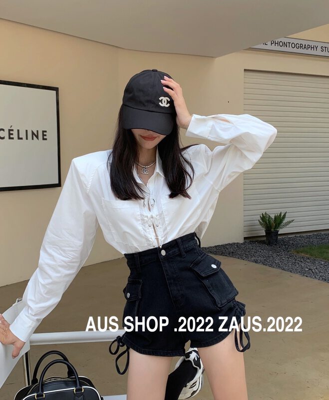 New in early autumn!【AUS】Single-row buckle design hot girl leaking navel short shirt W15# LSW
