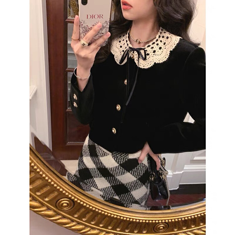 【KIKI STUDIO】Small fragrant style short coat + slim plaid skirt two-piece suit (with removable collar) 6900# HJY