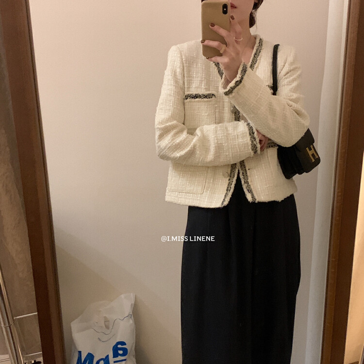 【IMISS】French temperament contrast color woven small fragrance coat short coat QK3511